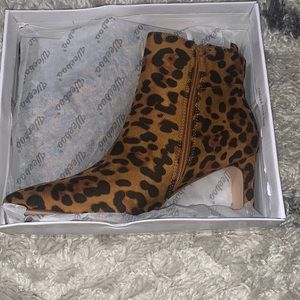 Leopard fauxsuede rectangle heel ankle boots
